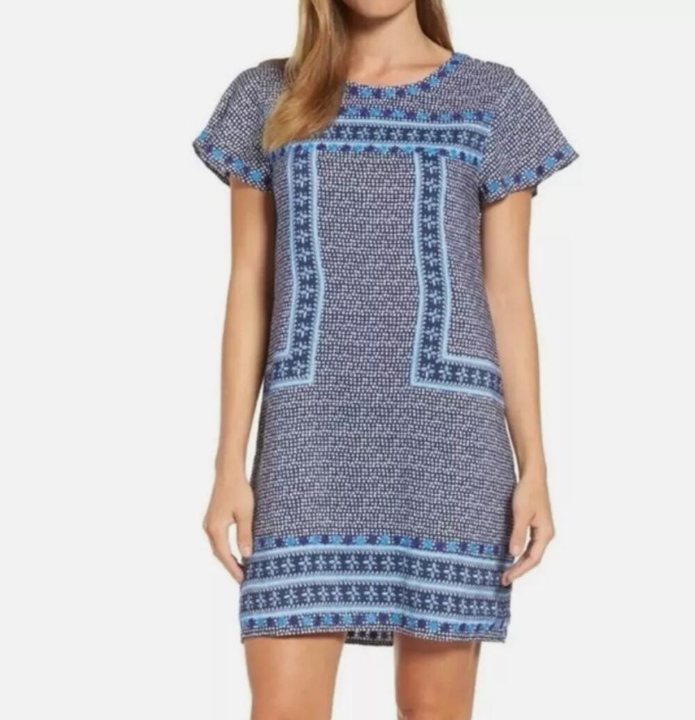Vineyard Vines Dot Floral Shift Dress Blue Embroidered Linen Blend Size 10